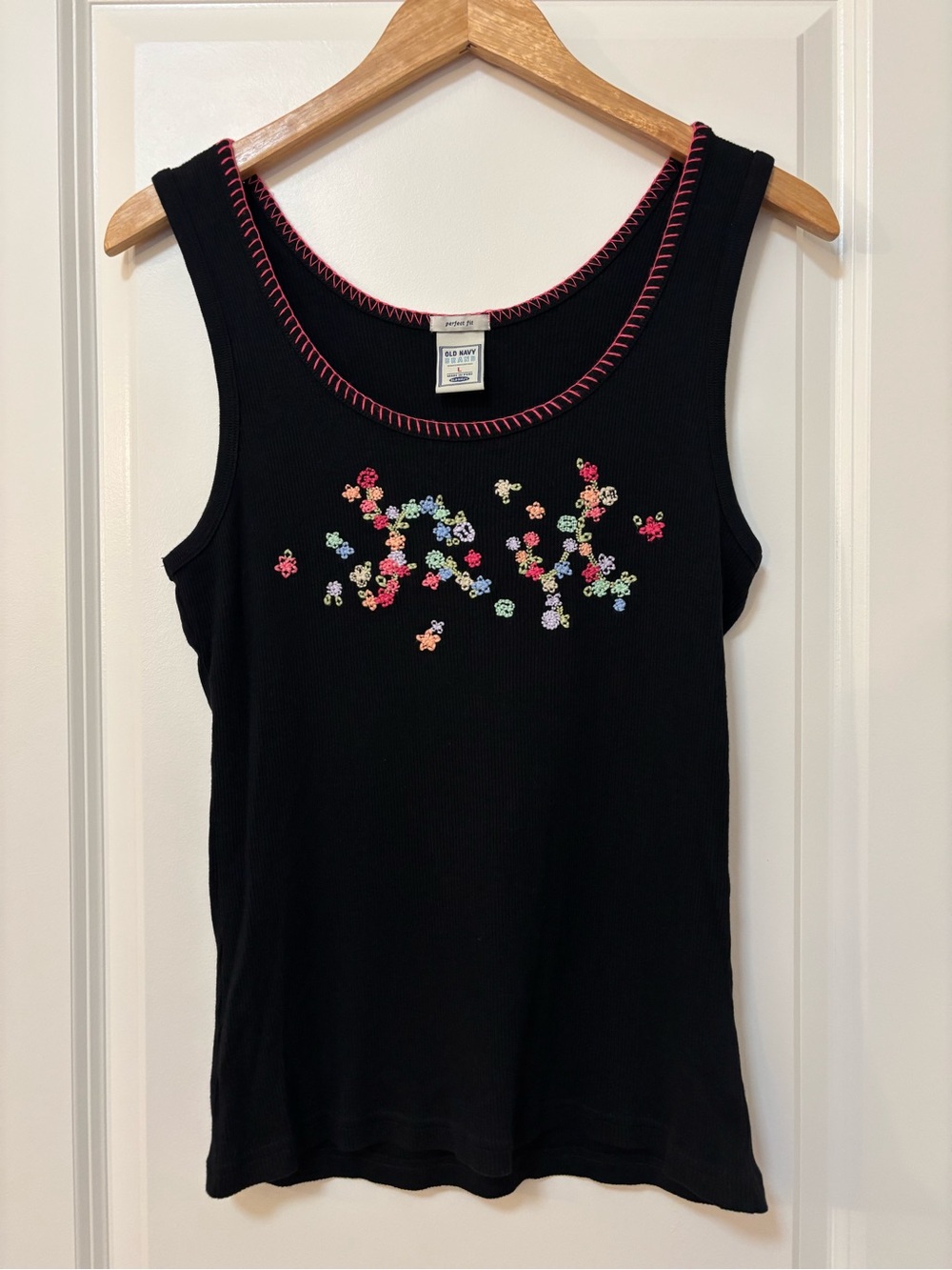 Old Navy 100% Cotton Black Multicolor Embroidered Flower Tank Top, Size L